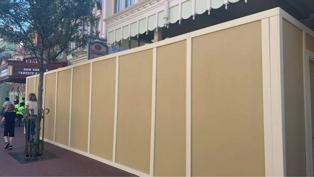 Construction walls go up around Main Street Confectionery in the Magic Kingdom