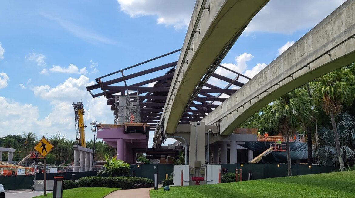 Roof being installed at Disney’s Polynesian Resort Monorail Platform
