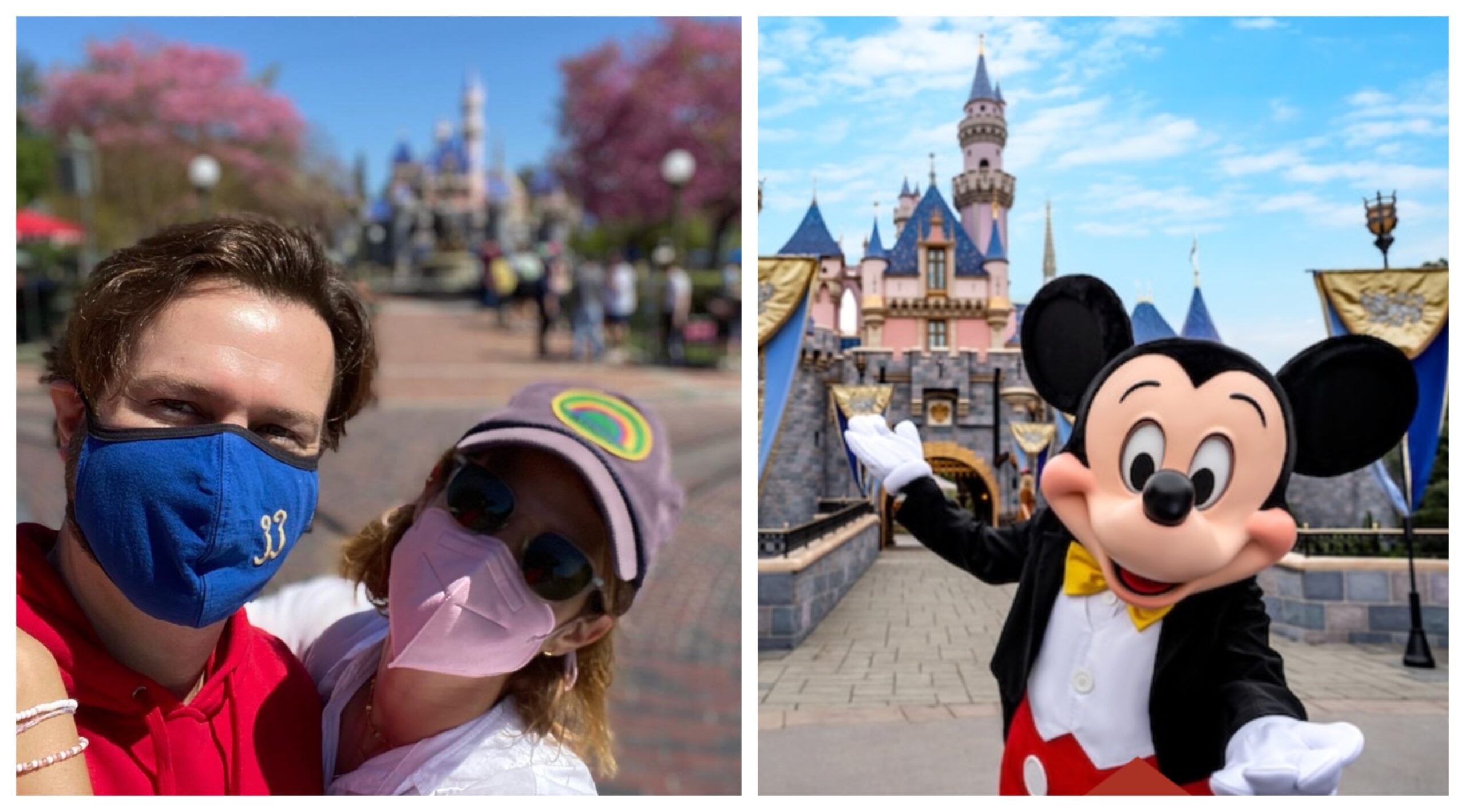 Taran Killam and Cobie Smulders (left) and Mickey Mouse in front of Sleeping Beauty Castle (right)