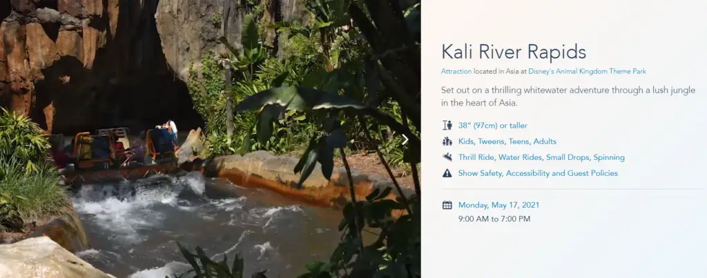 Kali River Rapids opening 1 hour after park opening