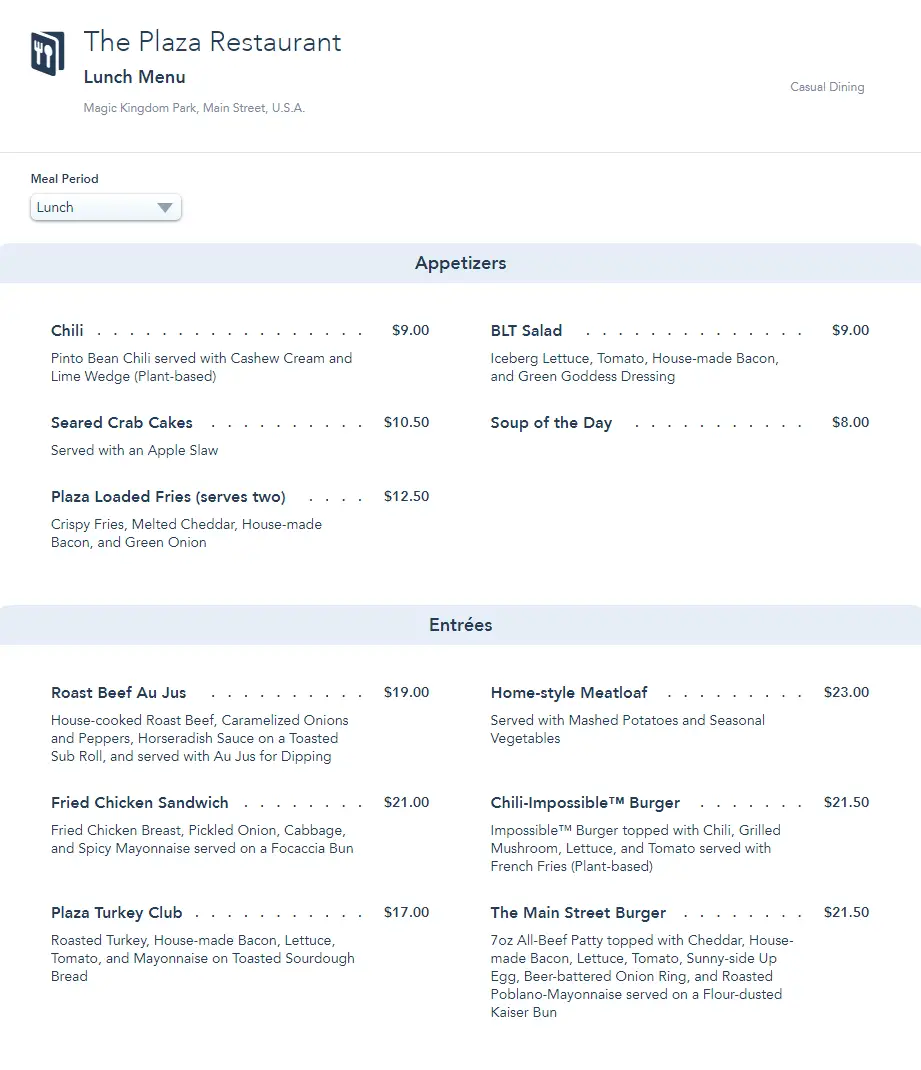 The Plaza Restaurant in the Magic Kingdom Has an Updated Menu