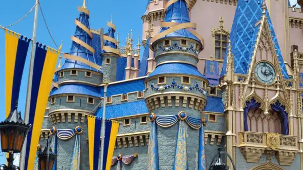 Decorations for Walt Disney World’s 50th Anniversary Celebration on Cinderella Castle