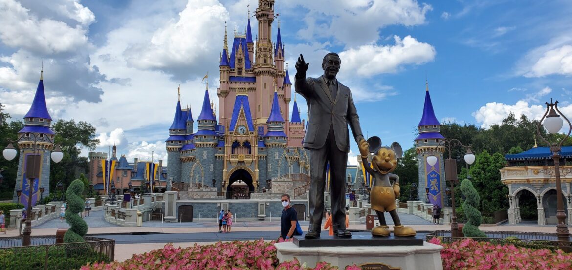Walt Disney Statue in the Magic Kingdom is being refurbished for the 50th Anniversary
