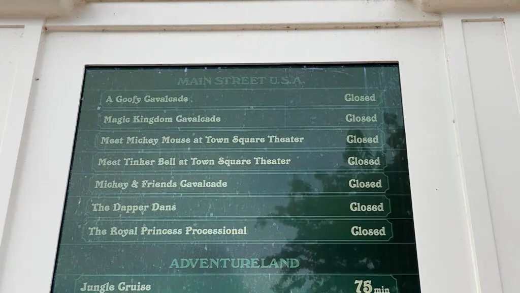Digital Boards in Magic Kingdom showing cavalcade times