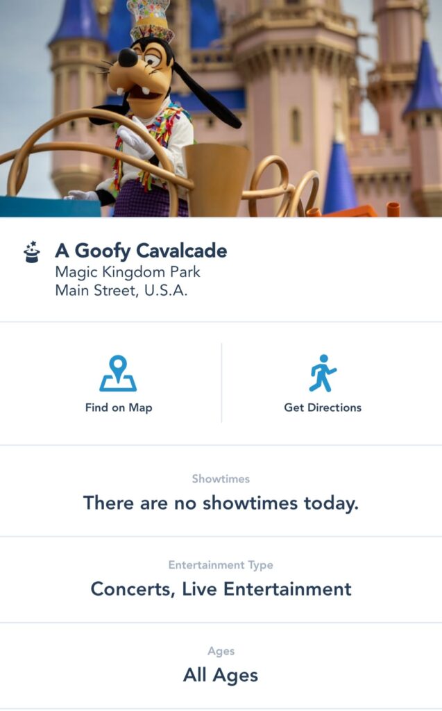 My Disney Experience App now lists Character Cavalcade Show Times