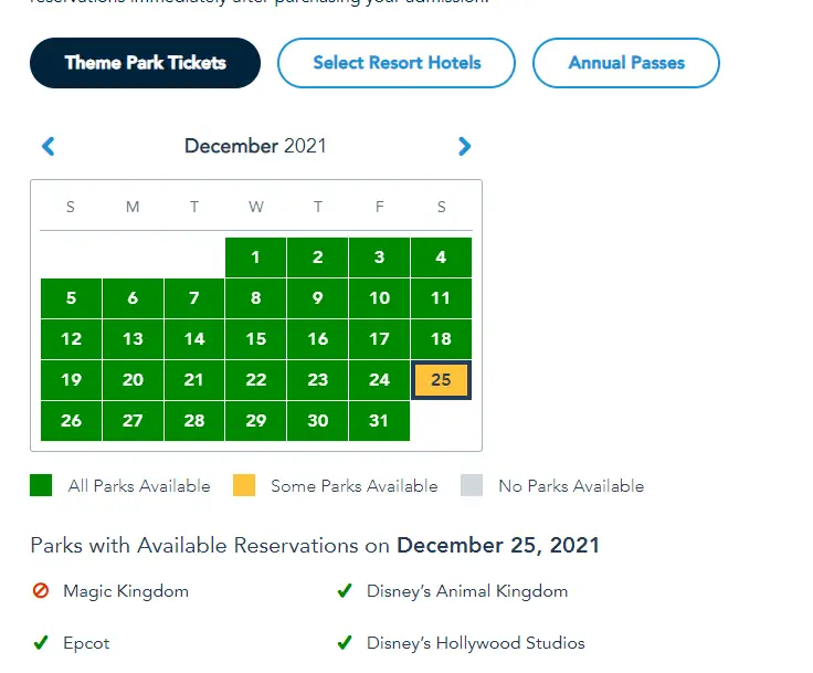 Disney Park Passes starting to fill up for Thanksgiving & Christmas