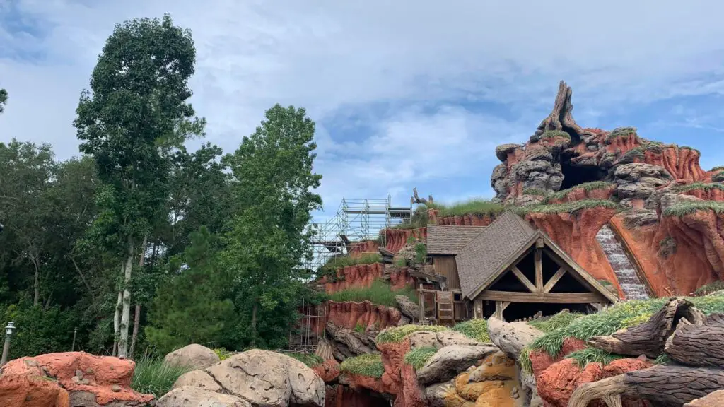 Scaffolding erected on Splash Mountain as crews prepare to work on attraction