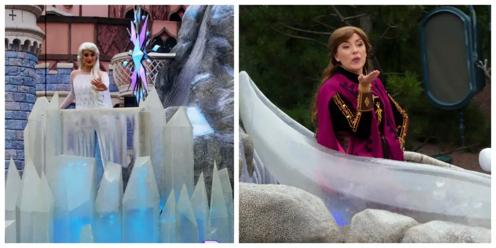 Anna and Elsa surprise guests onboard Frozen float