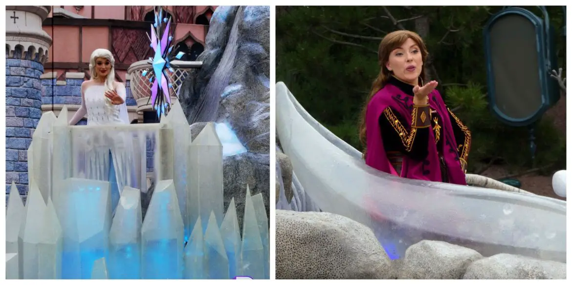 Anna and Elsa surprise guests onboard Frozen float during parade