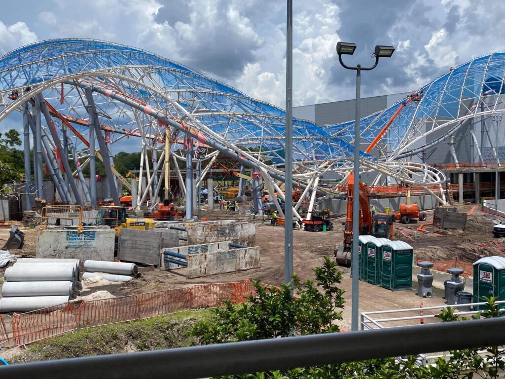 More of the canopy is installed for Tron Lightcycle Run in the Magic Kingdom