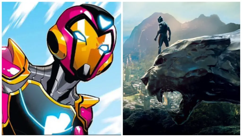 Ironheart in the comics (left), T'Challa above Wakanda on the statue of Bast (right)