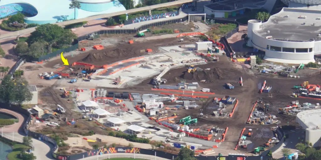 Aerial look at the construction for Moana's Journey of Water from Epcot