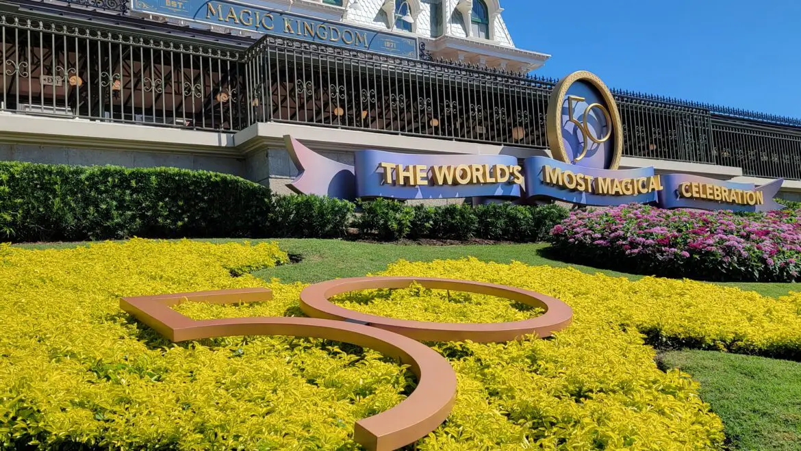 Disney World 50th decorations added to the Magic Kingdom Flower beds
