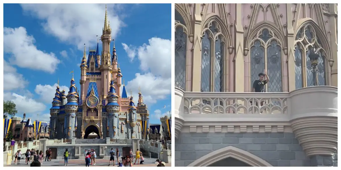 Guest climbs Cinderella Castle in the Magic Kingdom for a photo