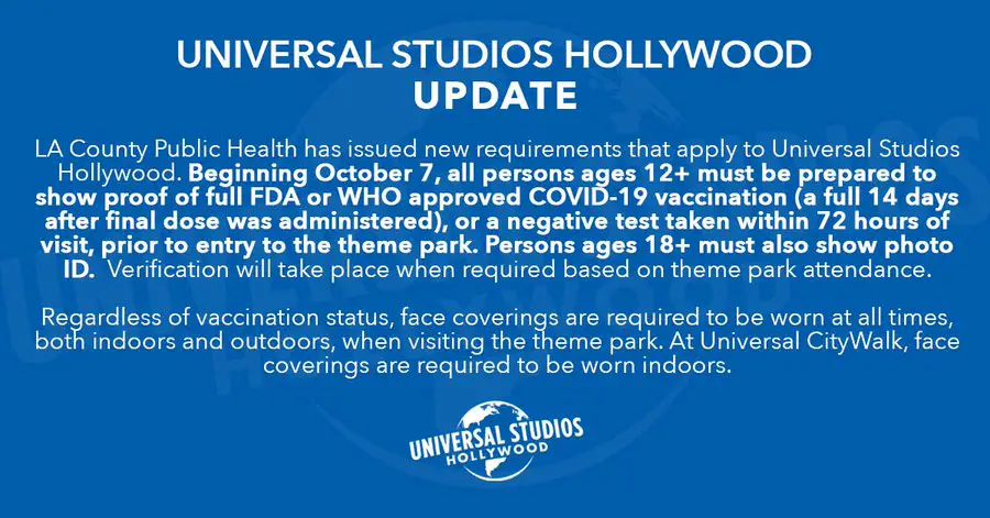 Covid vaccine or negative test now required to visit Universal Hollywood