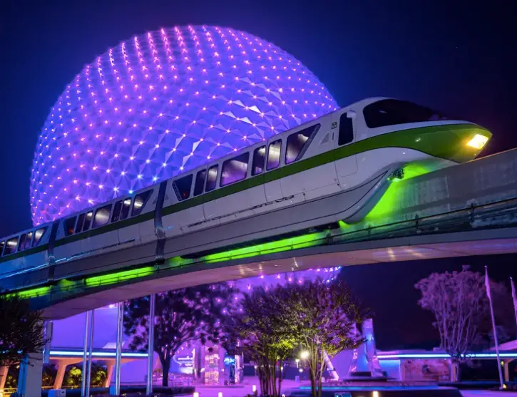 Disney World Monorails received new nighttime lighting for 50th anniversary