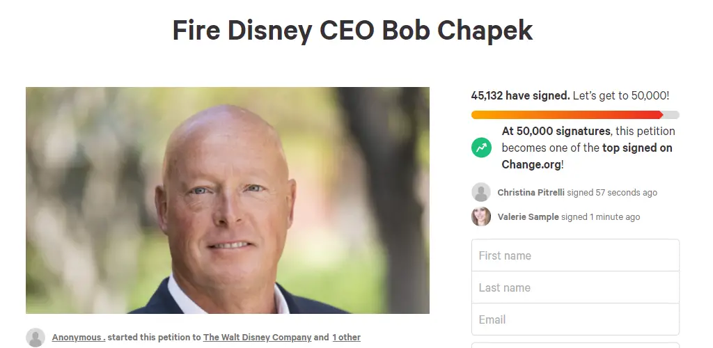 Petition asking Disney to fire Bob Chapek has almost 50k signatures and climbing