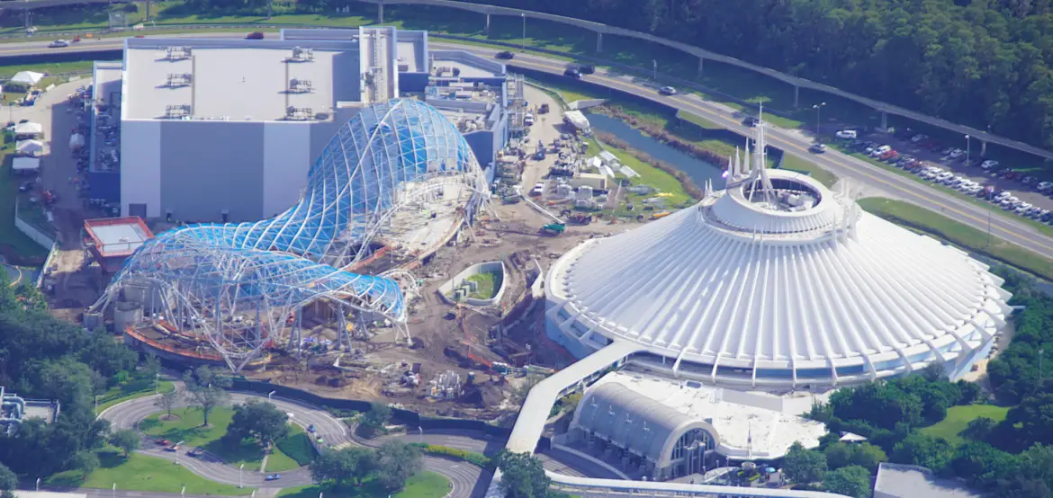 Aerial look at Tron Lightcycle Run Construction from the Magic Kingdom