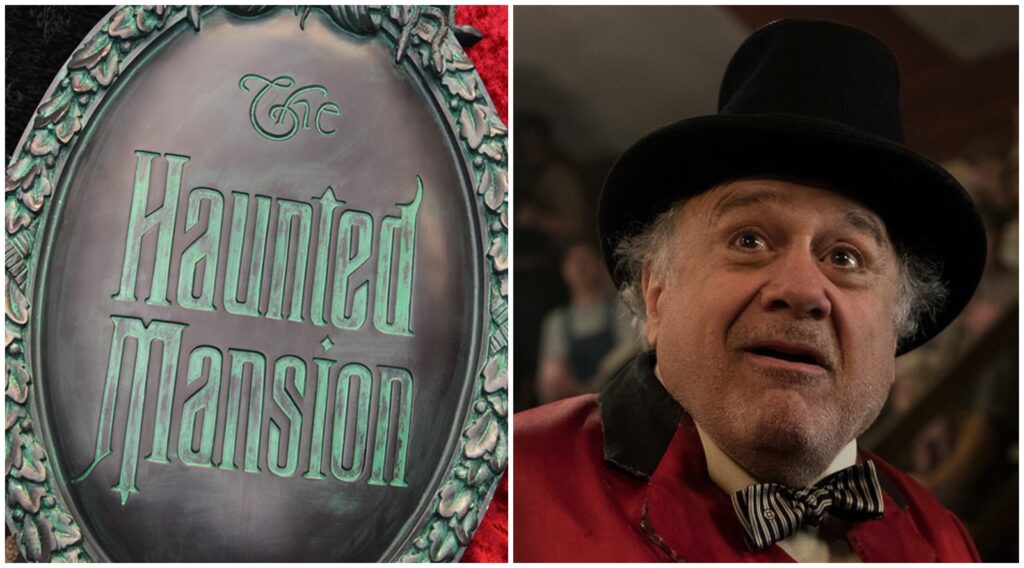 The Haunted Mansion Attraction Sign (left) Danny DeVito in Disney's Dumbo (right)