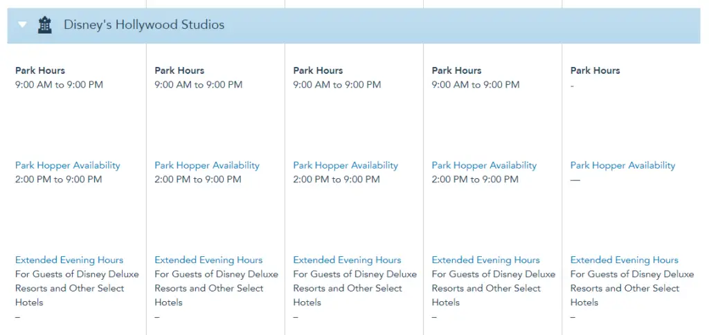 Disney World Theme Park Hours released through December 27th