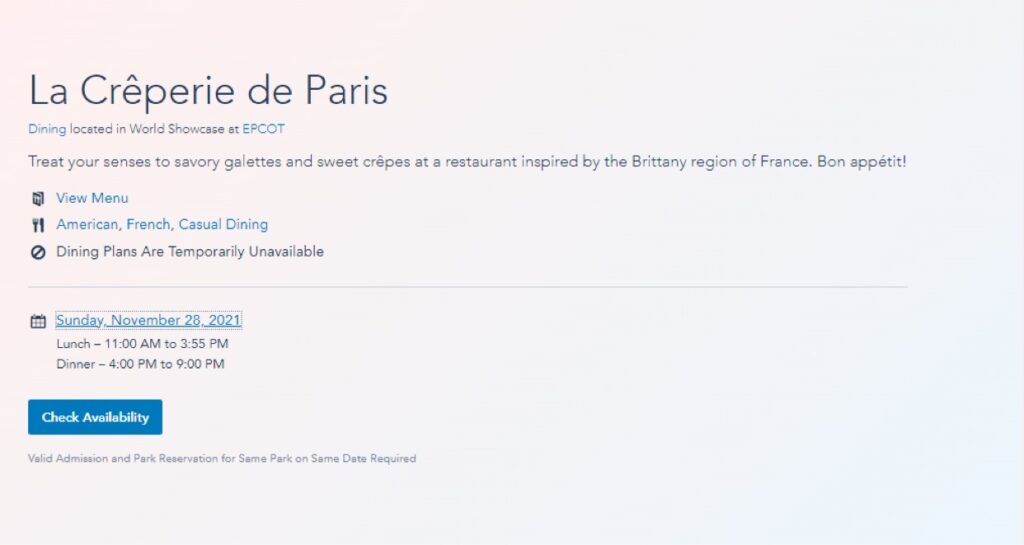 La Crêperie de Paris in Epcot will be accepting reservations starting next week
