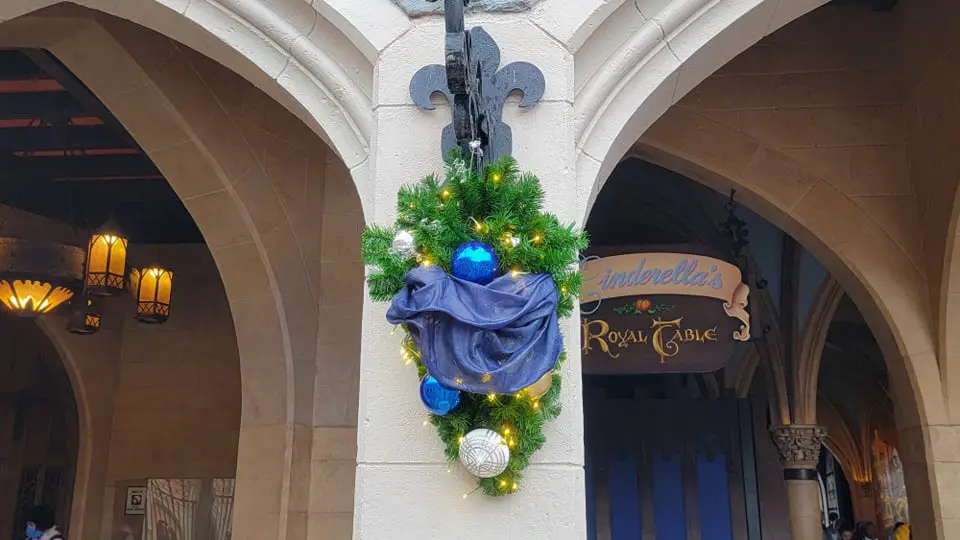 New Blue Holiday Decorations added to Cinderella Castle in the Magic Kingdom