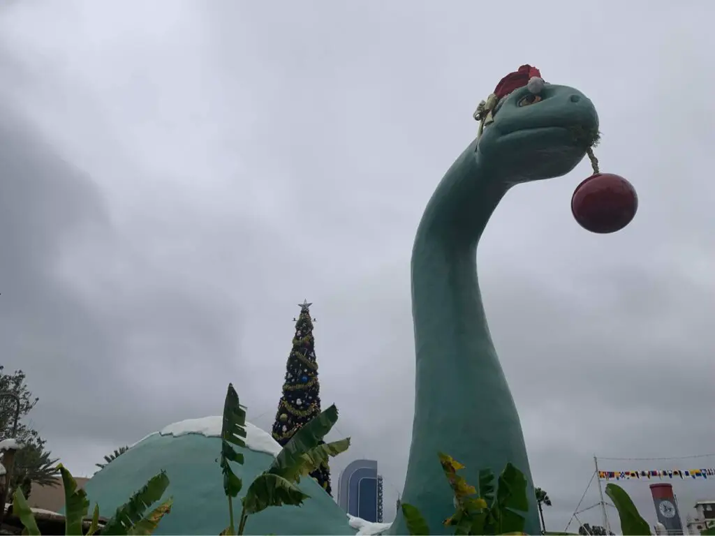 Dinosaur Gertie is decked out for the Holidays at Disney’s Hollywood Studios