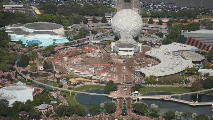 Aerial look at the Moana Journey of Water construction in Epcot
