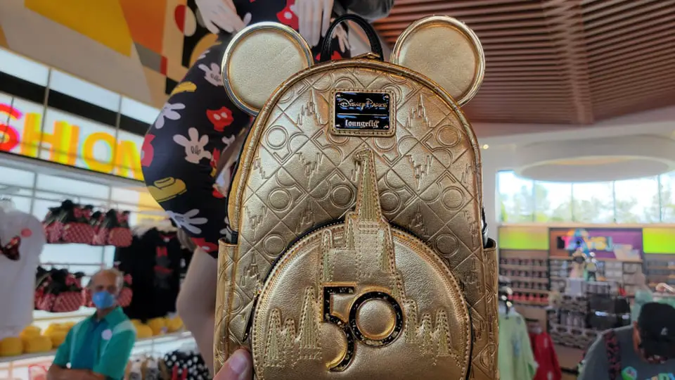 Walt Disney World 50th Anniversary Genuine Leather Gold Loungefly Mini Backpack