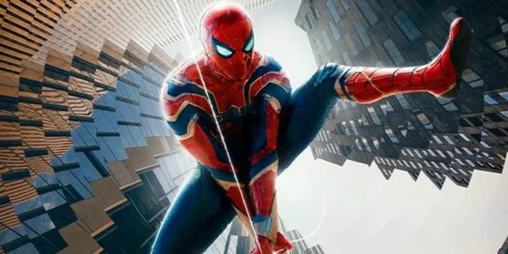 Spider-Man swinging in the Mirror Dimension on a promotional poster