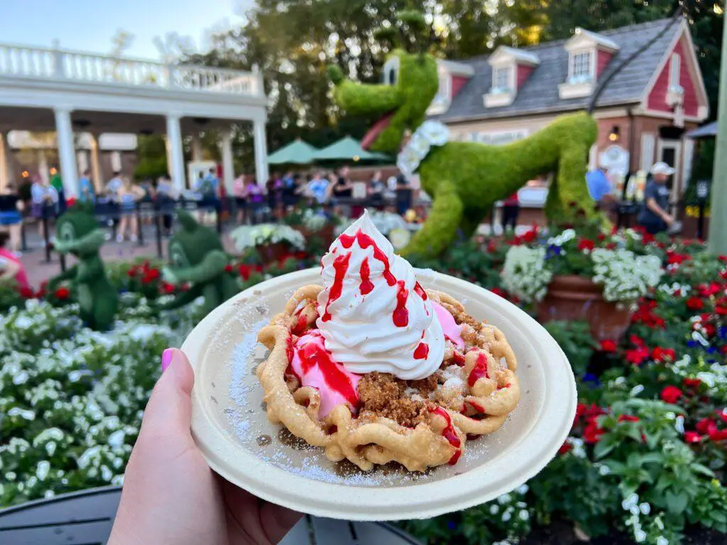 Strawberry Cheesecake Funnel Cake is a sweet treat for the Epcot Flower & Garden Festival