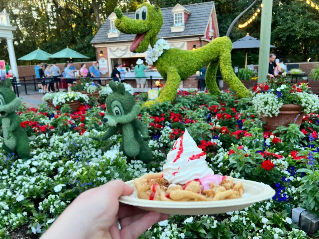 Strawberry Cheesecake Funnel Cake is a sweet treat for the Epcot Flower & Garden Festival