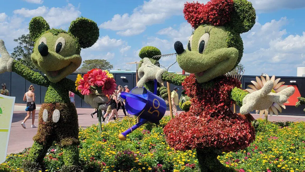 50th Anniversary Watering Can added to Mickey & Minnie Flower & Garden Topiary