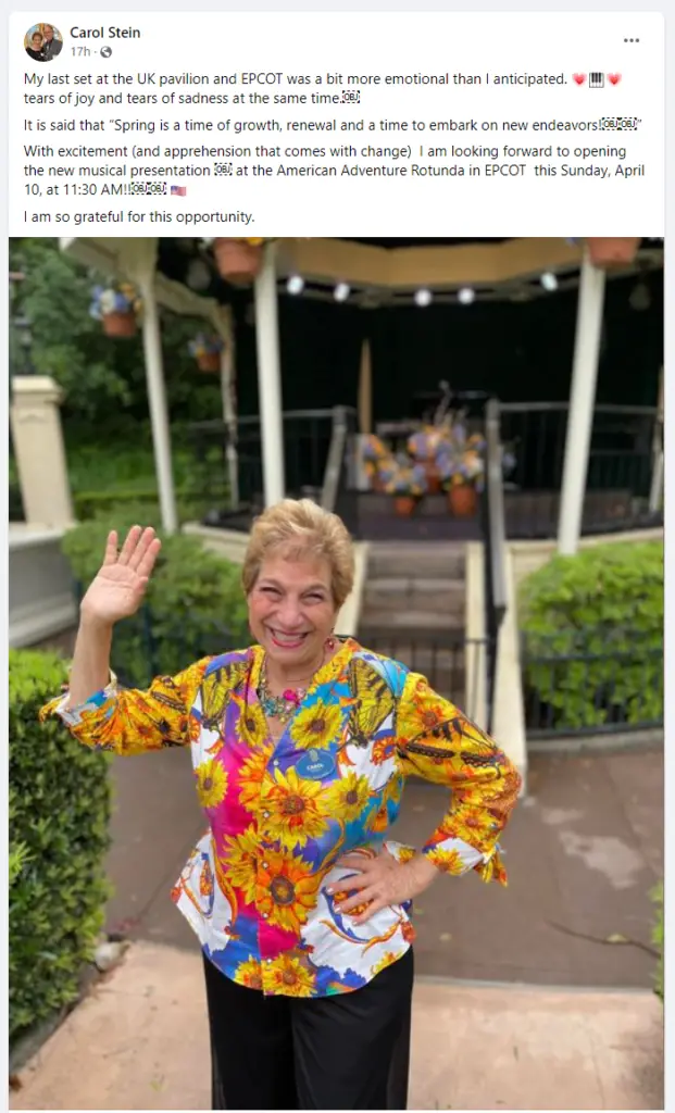 Carol Stein performances moving to the American Pavilion in Epcot