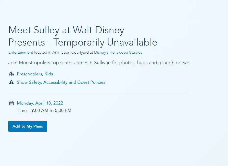 Sulley Meet & Greet returning to Walt Disney Presents in Hollywood Studios