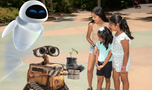 Guests meeting WALL•E and EVE at Disney’s Animal Kingdom, thanks to a Photopass Magic Shot