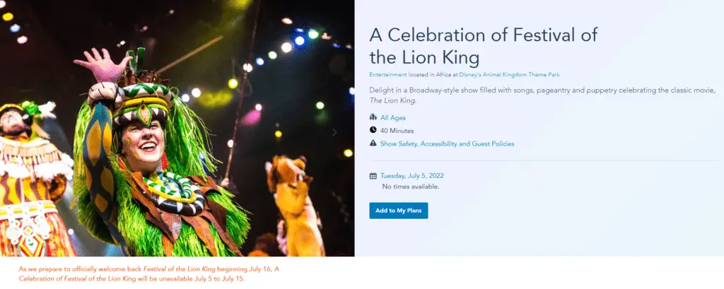 A Celebration of Festival of the Lion King closing for an update to full show on July 16th