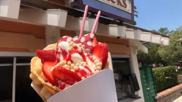 New Minnie Strawberry Bubble Waffle Sundae from Marketplace Snacks in Disney Springs