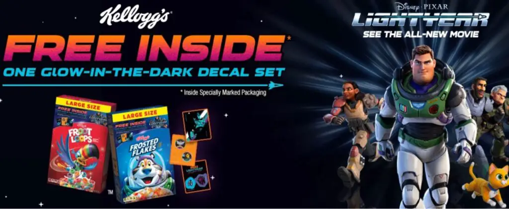 Free inside Kellogg's Cereal Glow in the dark Pixar Lightyear Decal Sets