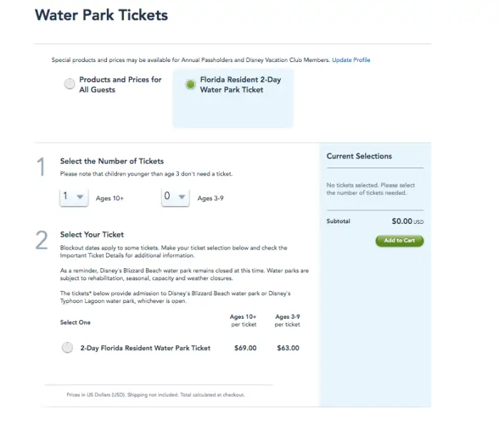 Florida Residents get 2 day Disney Water Park tickets for $69 plus tax