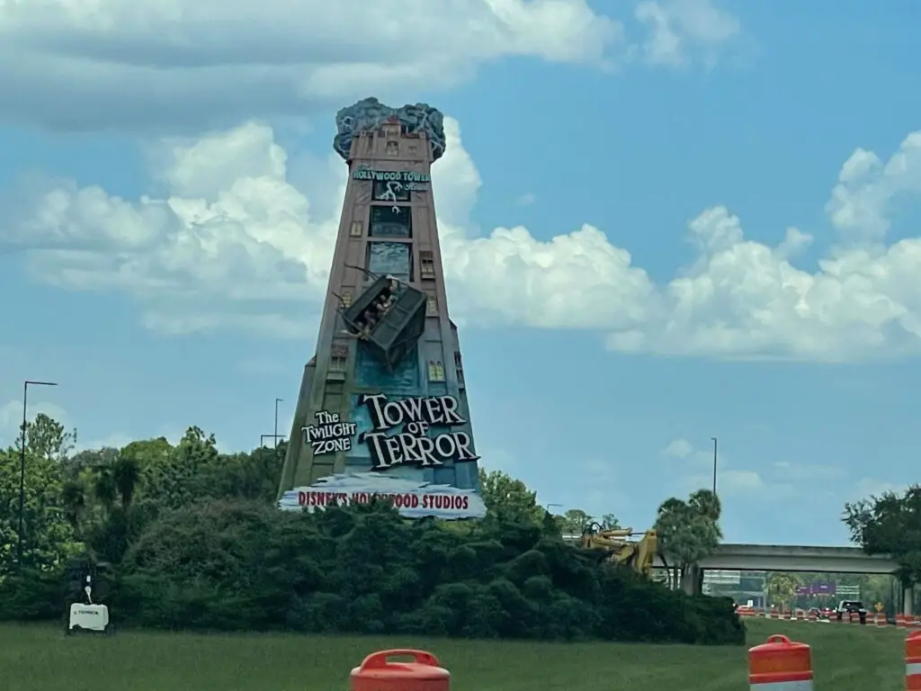 Construction cones and Bulldozer in place for Tower of Terror Billboard Demolition