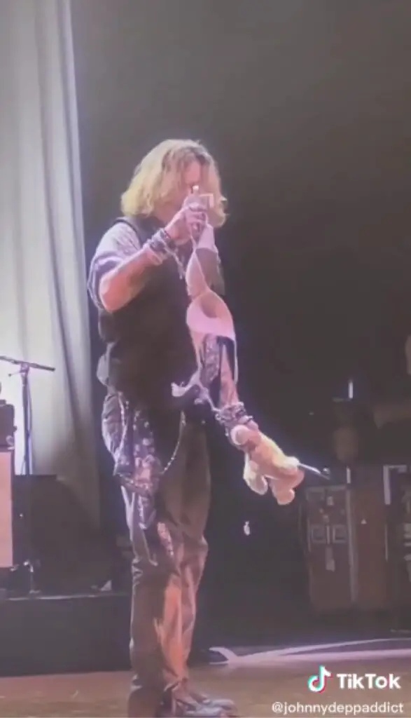 Johnny Depp signs a fan's bra during concert performance
