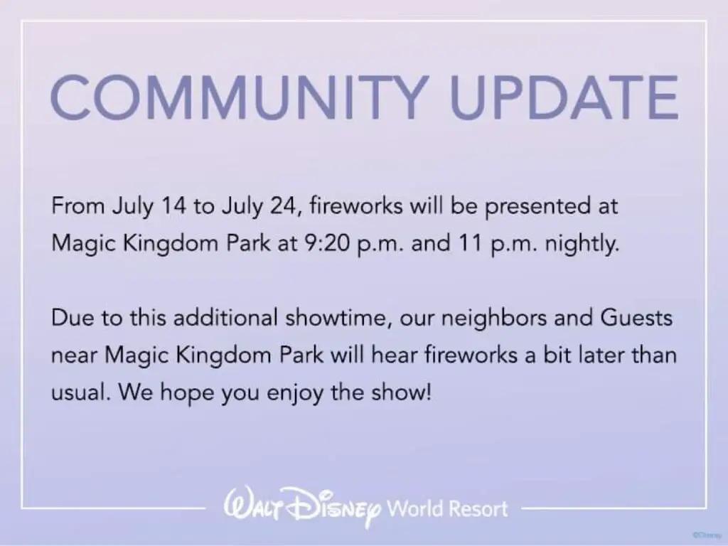Disney will be presenting additional firework showtimes starting today