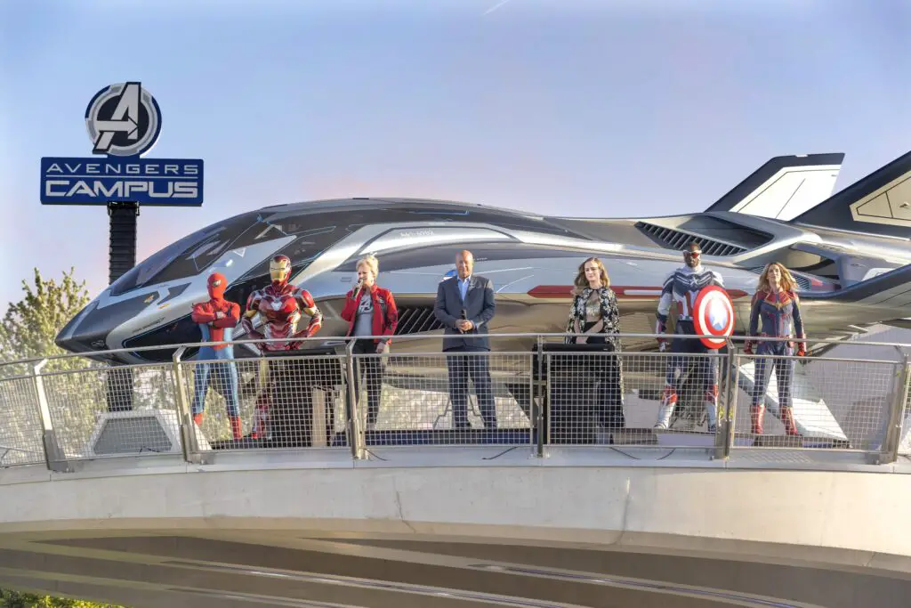 Bob Chapek, Disneyland Paris President Natacha Rafalski and Brie Larson unveil Avengers Campus