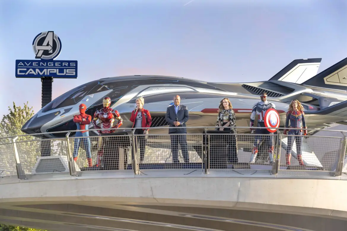 Bob Chapek, Disneyland Paris President Natacha Rafalski and Brie Larson unveil Avengers Campus