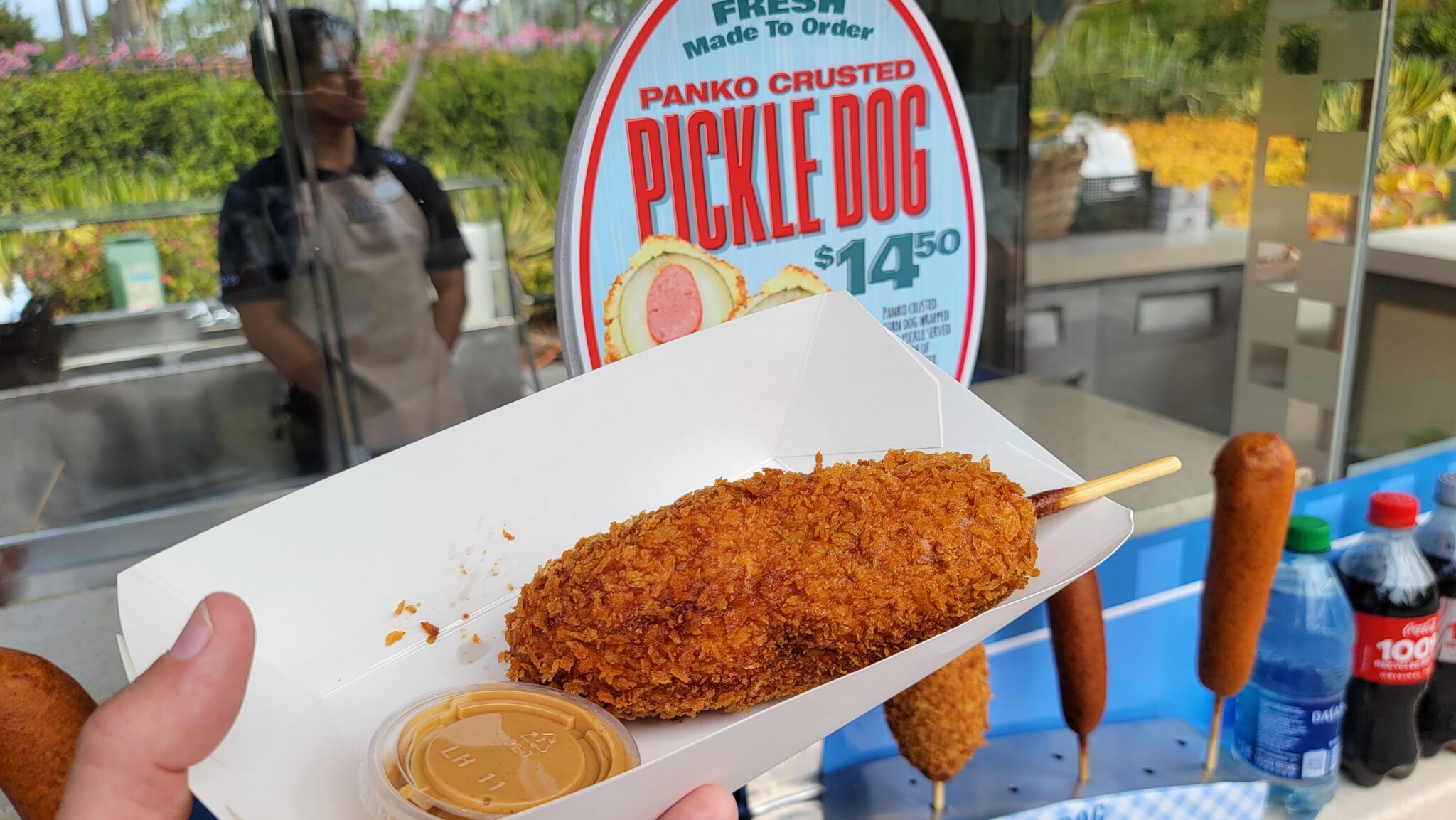 We finally tried the Pickle Corn Dog in Disneyland with Peanut Butter Dipping Sauce Chip and