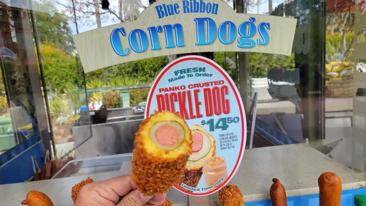 We finally tried the Pickle Corn Dog in Disneyland with Peanut Butter Dipping Sauce
