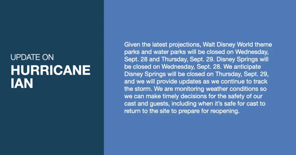 Walt Disney World Closing on Wednesday due to Hurricane Ian