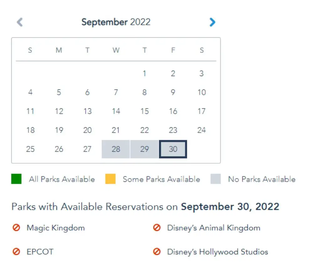 Disney World Park Pass Reservations Blocked for all Theme Parks on September 30th