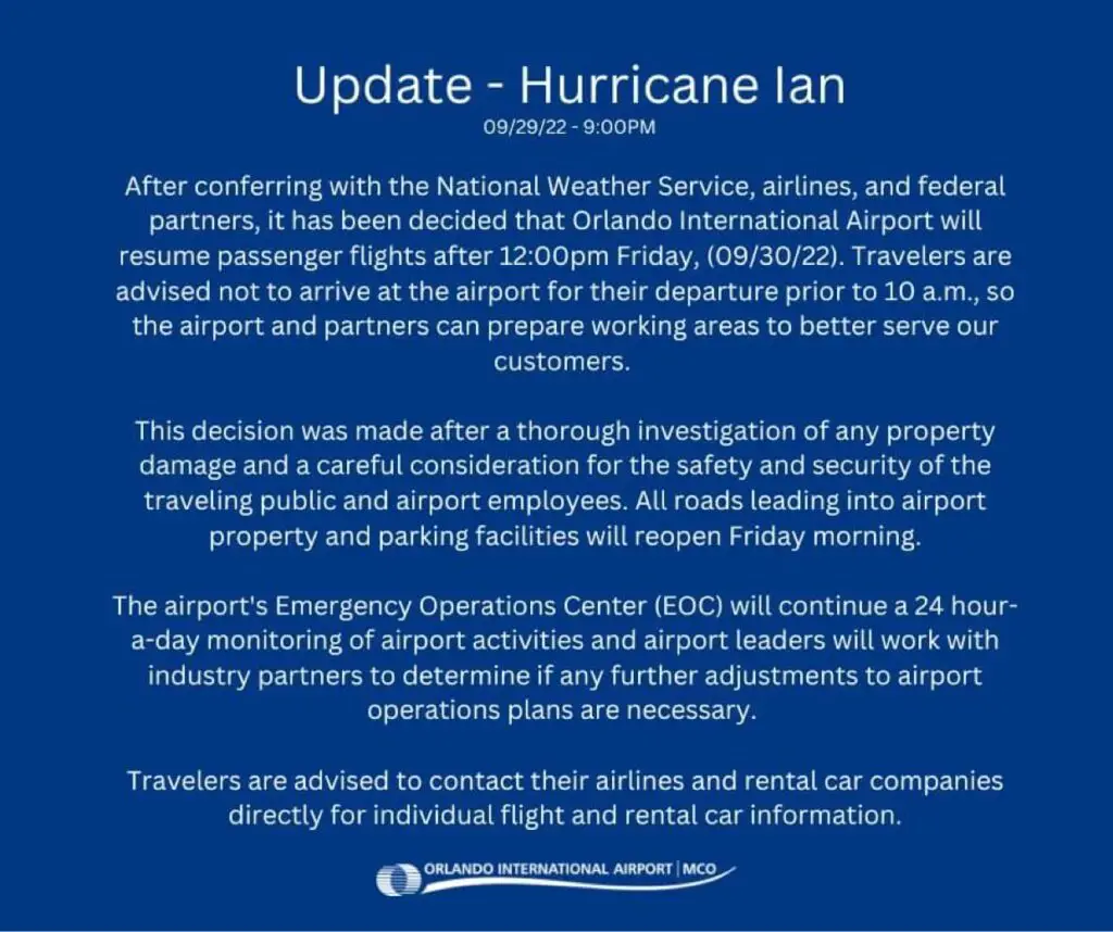 Orlando International Airport announces when flights will resume operation